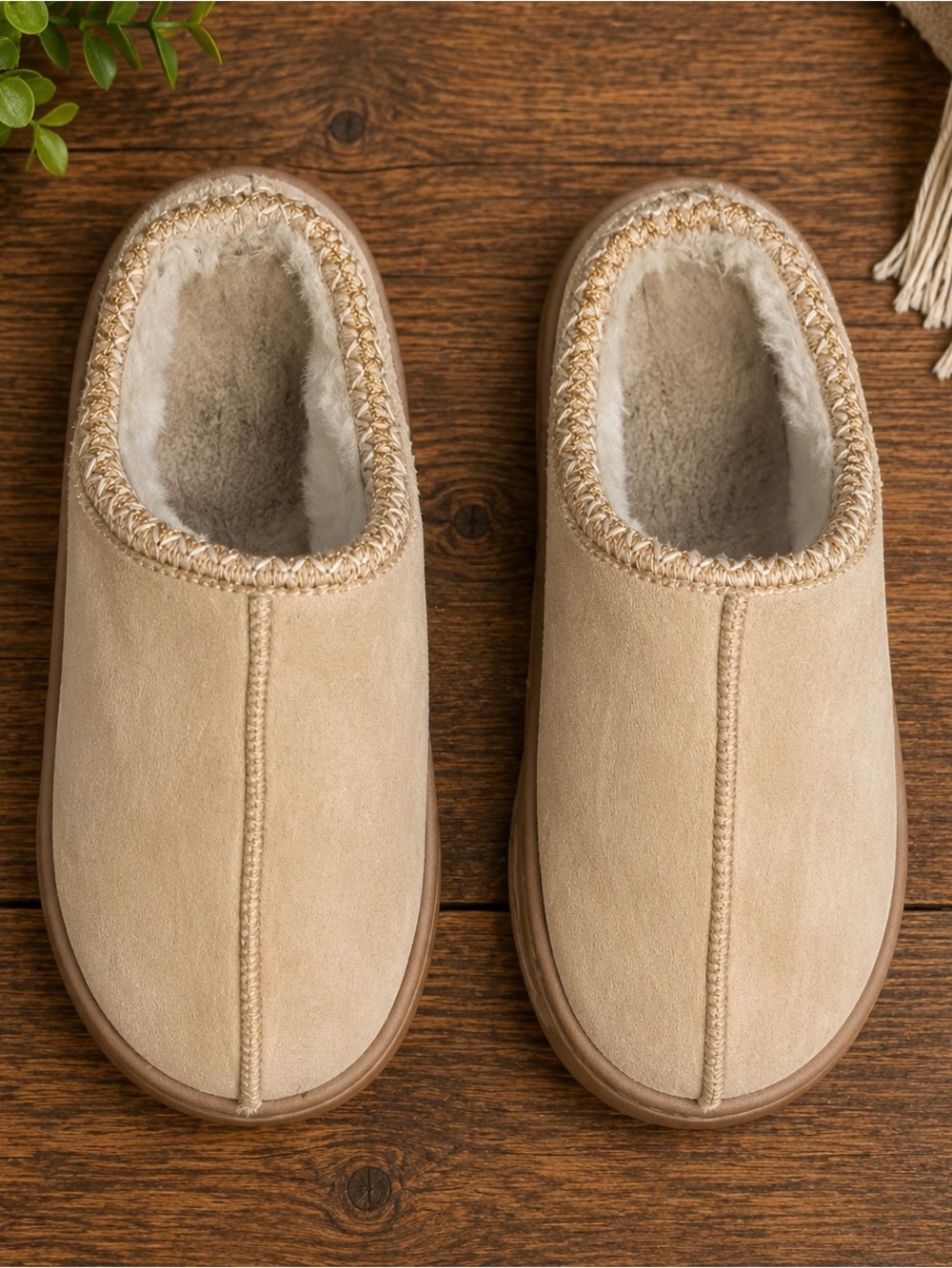 Cozy Faux Suede Fur Lined Mule Slippers Beige Tan Women’s Comfort Slip-On Sz. 8